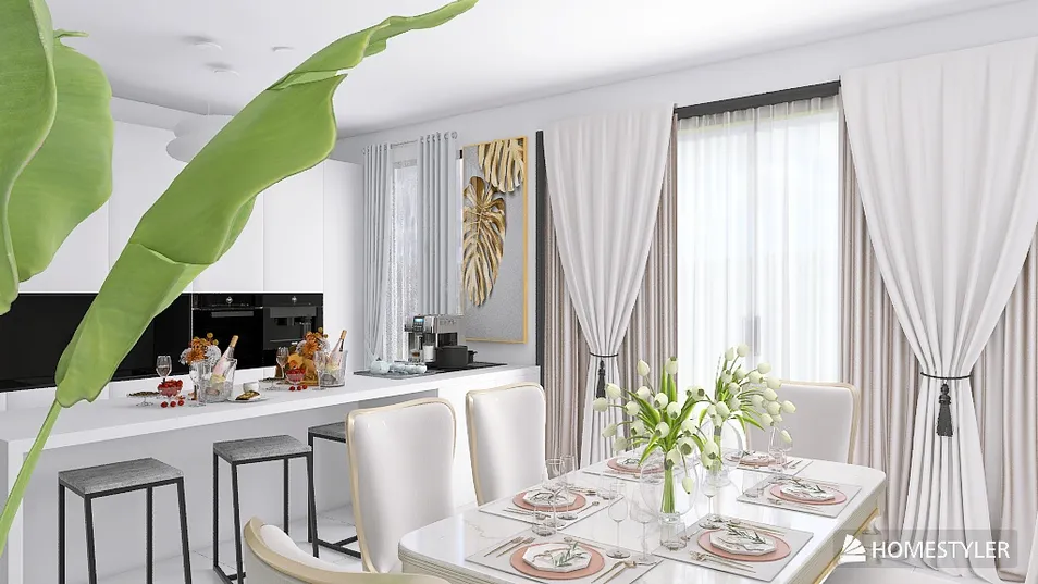 modern dining area featuring elegant table setting with floral centerpiece, open layout design, enhancing interior decor aesthetic, utilizing Homestyler's real-time 3D rendering for design preview.