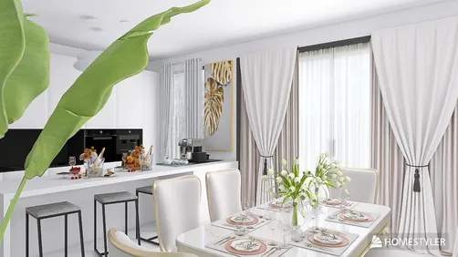 modern dining area featuring elegant table setting with floral centerpiece, open layout design, enhancing interior decor aesthetic, utilizing Homestyler's real-time 3D rendering for design preview.