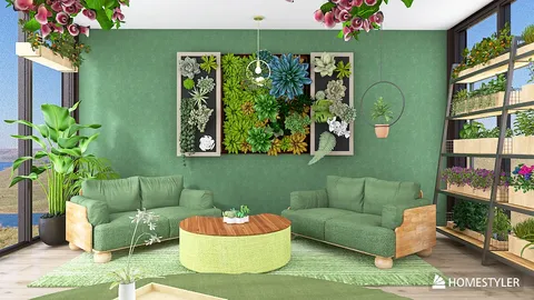 green living room design featuring a cozy seating area with smart furniture arrangement and a vertical garden, showcasing Homestyler's real-time 3D rendering feature.