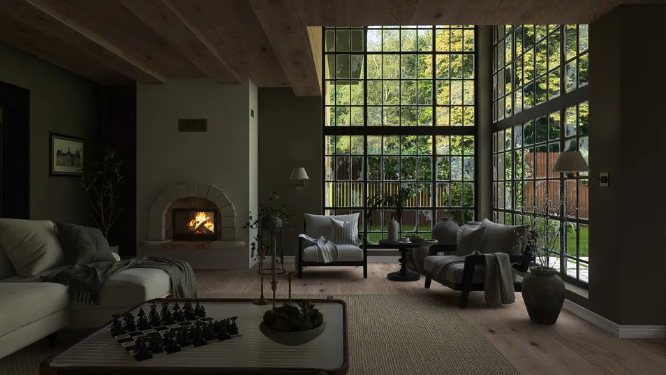 cozy living room showcasing a modern design with an emphasis on natural light and greenery, perfect for enhancing interior decor using Homestyler's real-time 3D rendering feature.