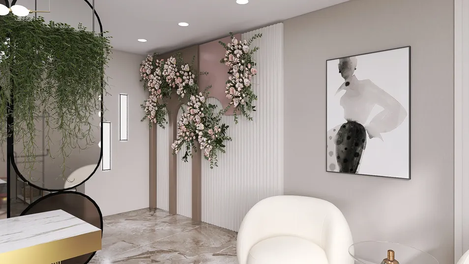 Interior design of a chic entryway featuring floral wall decor and elegant furniture, showcasing a modern style that enhances aesthetic appeal. Utilizes Homestyler's real-time 3D rendering for design visualization.