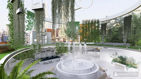 modern indoor garden design featuring a central fountain and lush greenery creating a serene atmosphere, utilizing Homestyler's real-time 3D rendering for design visualization.