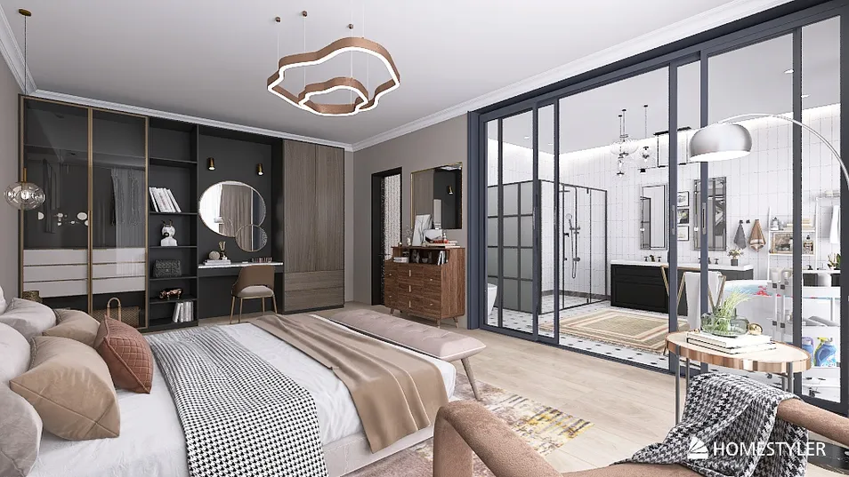 Spacious bedroom featuring modern furniture arrangement in a contemporary style, showcasing interior decor with the Homestyler core feature of real-time 3D rendering.