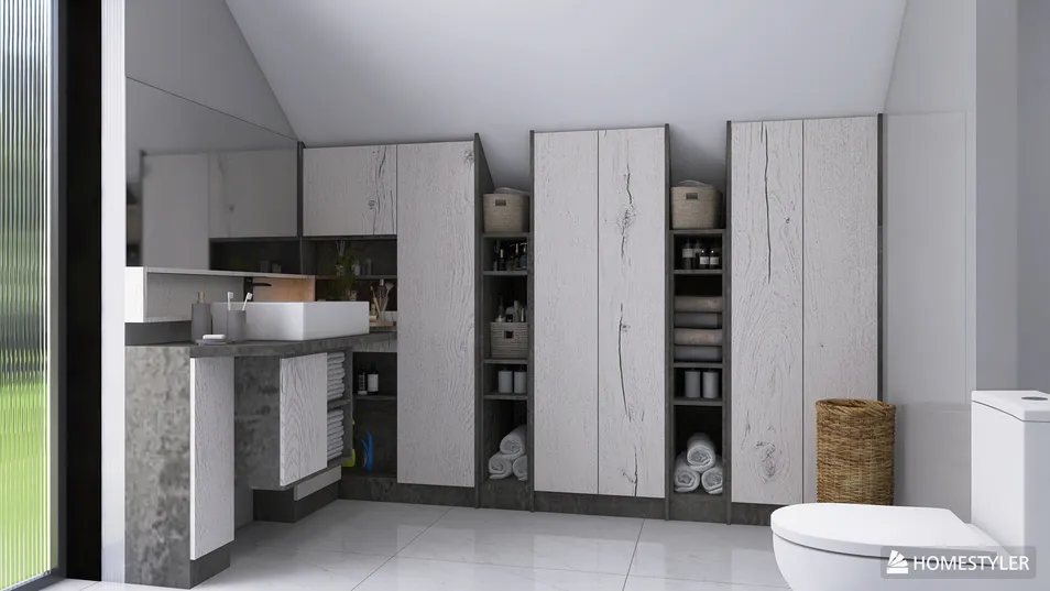 modern bathroom cabinetry installation featuring sleek storage solutions and minimalist design for efficient space utilization using Homestyler's real-time 3D rendering functionality