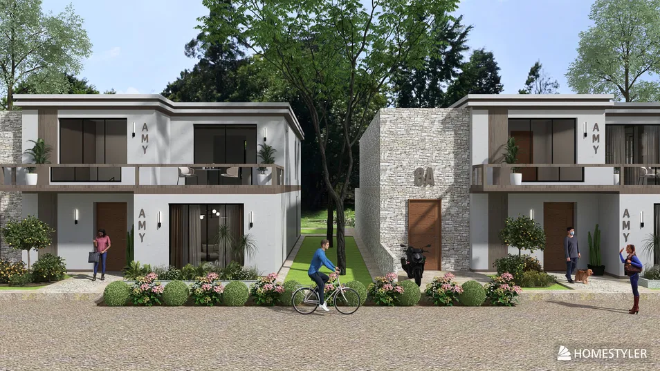 modern residential exterior design featuring two stylish houses with stone accents and landscaped gardens, showcasing curb appeal and community living, using Homestyler's real-time 3D rendering for realistic visualization.
