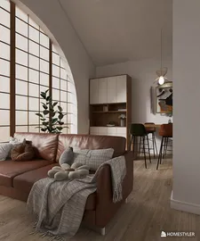 living room with a brown leather sofa and cozy cushions featuring smart furniture arrangement in a modern style for optimized small space utilization, showcasing Homestyler's real-time 3D rendering feature.