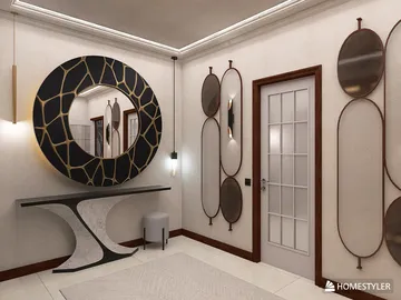 Modern entryway featuring a statement circular mirror and elegant console table in a contemporary style, showcasing interior decor with Homestyler's real-time 3D rendering.