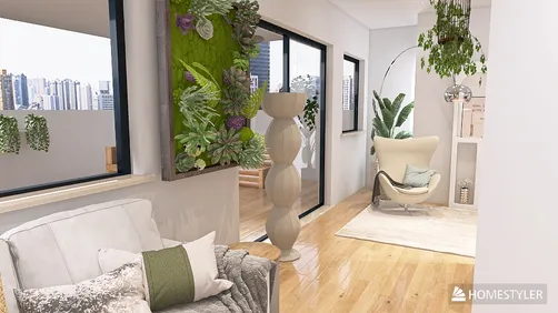 Spacious hallway with a comfortable armchair and decorative planter, showcasing a modern interior design style focused on interior decor optimization using Homestyler's real-time 3D rendering feature.