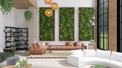 modern living room with indoor plants and cozy seating arrangement featuring a green wall, designed using Homestyler's real-time 3D rendering for quick visualization.