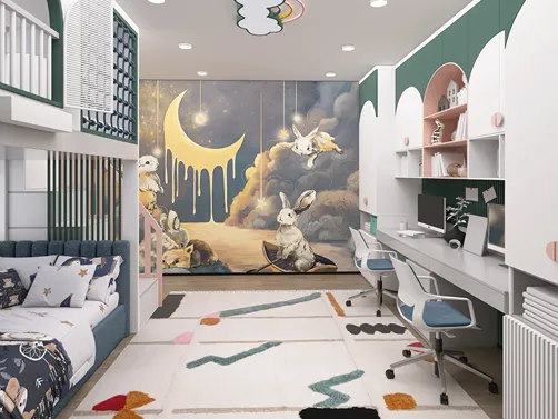 Children's bedroom featuring playful rabbit mural and cozy bedding, designed with a modern aesthetic, showcasing smart furniture arrangement using Homestyler's intelligent furniture layout.