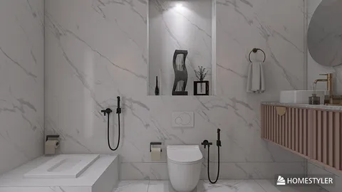modern bathroom design featuring elegant fixtures and marble accents, showcasing interior decor ideas using Homestyler's real-time 3D rendering feature for a stunning visual preview.