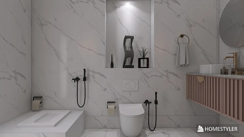 modern bathroom design featuring elegant fixtures and marble accents, showcasing interior decor ideas using Homestyler's real-time 3D rendering feature for a stunning visual preview.