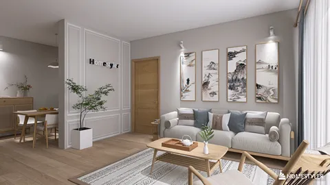 cozy living room interior design featuring a sofa arrangement with decorative cushions and a wooden coffee table, designed for optimal space utilization using Homestyler's smart furniture layout feature