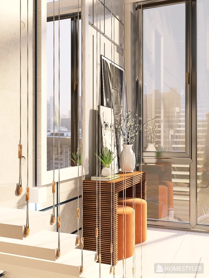 Modern hallway design featuring a stylish console table and decorative elements, showcasing a welcoming space with natural light, utilizing Homestyler's real-time 3D rendering for an immersive interior design experience.