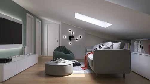 cozy attic living room with modern furniture arrangement in minimalist style, showcasing Homestyler's real-time 3D rendering feature for interior design.