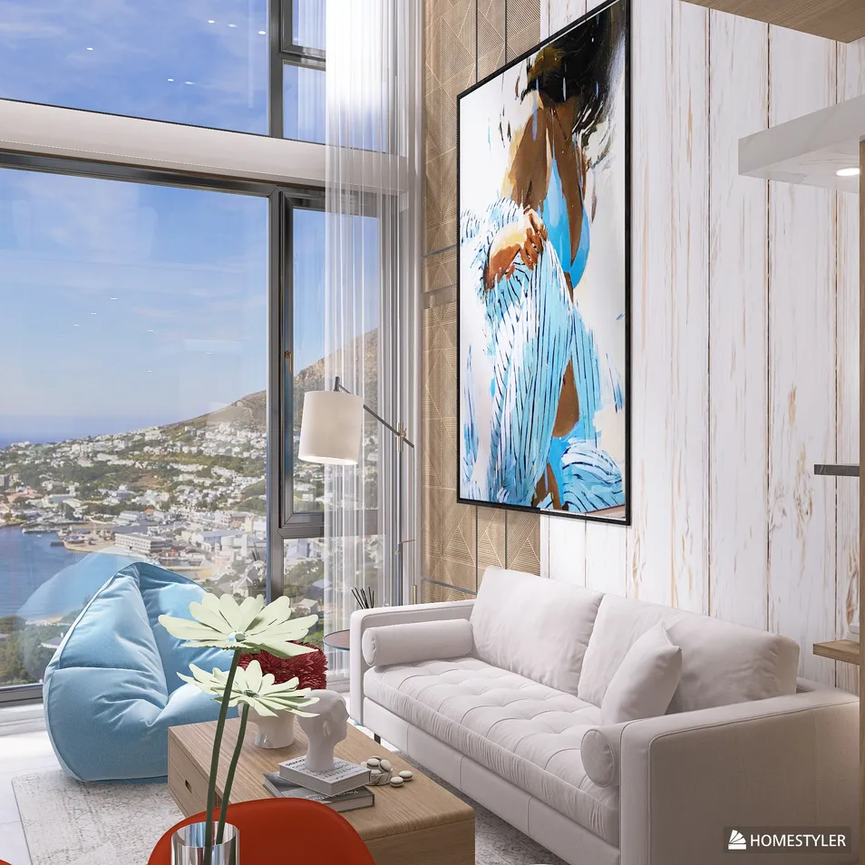 living room with modern furniture and large window showcasing a view, featuring a relaxed design style, using Homestyler's real-time 3D rendering for interior décor visualization.