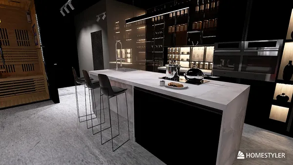 Modern kitchen with sleek bar stools and minimalist design showcasing a black-and-white color palette, emphasizing luxury and elegance; featuring Homestyler's real-time 3D rendering for accurate design preview.