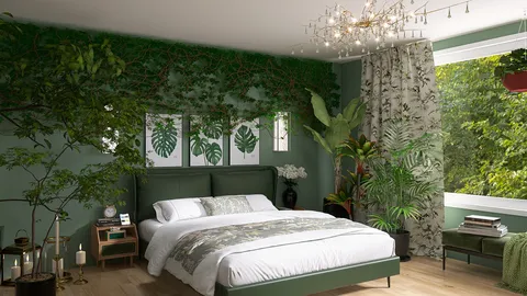 bedroom with a green botanical theme featuring a bed with leaf-patterned bedding, designed for a nature-inspired interior decor, utilizing Homestyler's 3D rendering capabilities to visualize the layout.