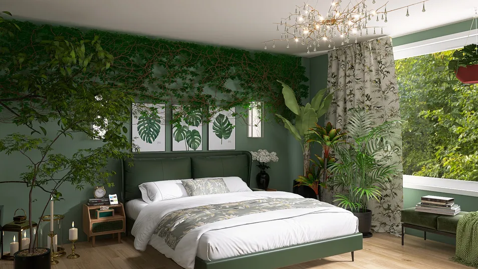 bedroom with a green botanical theme featuring a bed with leaf-patterned bedding, designed for a nature-inspired interior decor, utilizing Homestyler's 3D rendering capabilities to visualize the layout.