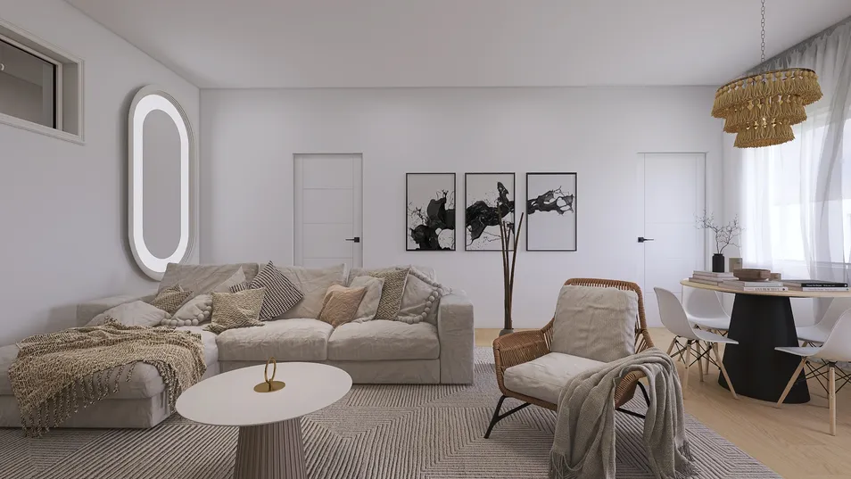 cozy living room featuring a sectional sofa and stylish decor, designed using Homestyler's real-time 3D rendering for an inviting interior decor experience.