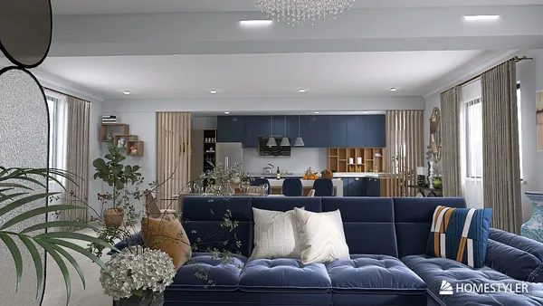 modern living room with a blue sofa decorating and open layout design showcasing a stylish interior decor for a cozy ambiance featuring Homestyler's real-time 3D rendering.