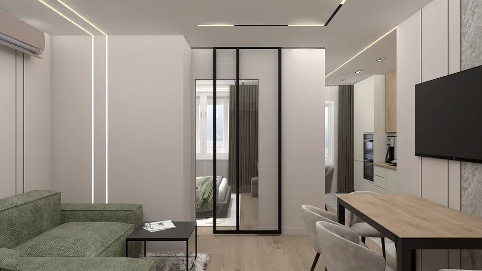 modern living room featuring a cozy green sofa and dining area, showcasing a sleek design with smart furniture arrangement for efficient space utilization, utilizing Homestyler's real-time 3D rendering for instant visualization.