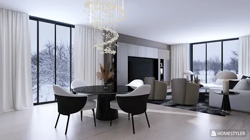 Modern dining area featuring elegant chairs and a stylish chandelier, designed for a cozy winter retreat, showcasing interior decor concepts with Homestyler's real-time 3D rendering.