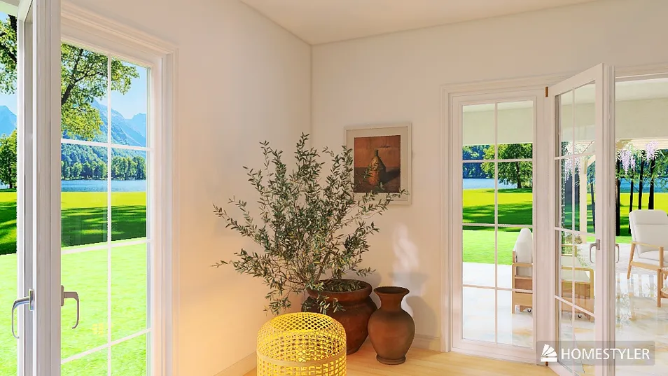 sunlit indoor space with potted plants and artistic decor enhancing the aesthetics using Homestyler's real-time 3D rendering features for interior design visualization