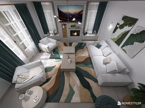 modern living room with cozy furniture arrangement showcasing a beautiful area rug, designed using Homestyler's real-time 3D rendering feature for a realistic home decor preview.