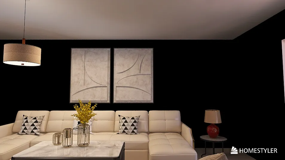 modern living room design featuring a stylish sectional sofa, elegantly arranged decor, contemporary art pieces, and a cozy atmosphere, showcasing Homestyler's real-time 3D rendering capabilities.