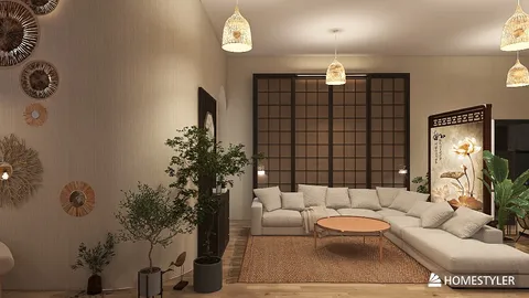 cozy living room with sectional sofa and decorative wall art featuring smart furniture arrangement in a modern style showcasing Homestyler's real-time 3D rendering feature