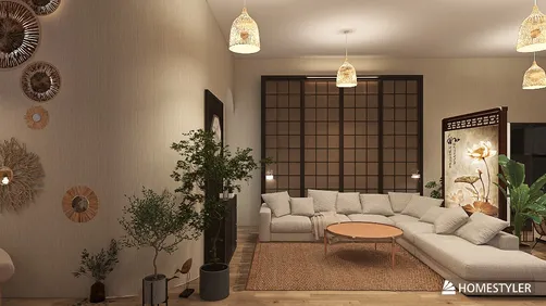 cozy living room with sectional sofa and decorative wall art featuring smart furniture arrangement in a modern style showcasing Homestyler's real-time 3D rendering feature