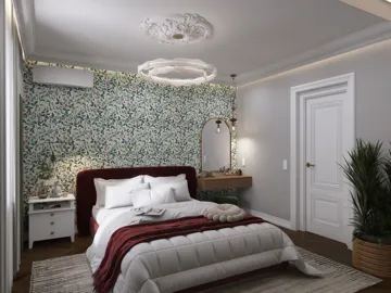 modern bedroom design with a cozy atmosphere featuring a floral wallpaper, a comfortable bed with burgundy accents, and elegant lighting, demonstrating interior decor optimization using Homestyler's 3D rendering feature.