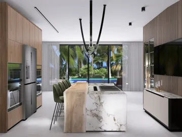 modern kitchen design featuring an open layout with a large island and sleek cabinetry, showcasing a blend of functionality and elegance, utilizing Homestyler's real-time 3D rendering for effective visual presentation.