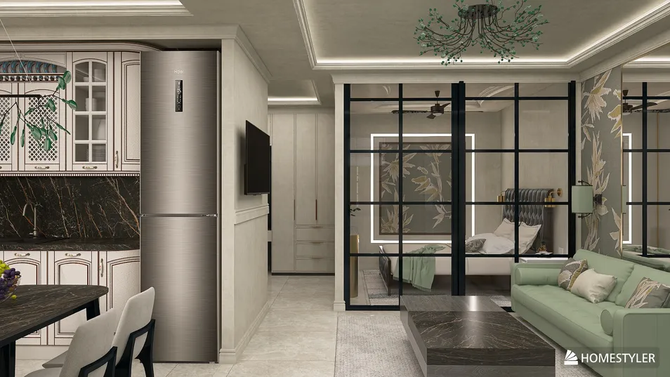 modern kitchen with integrated appliances showcasing sleek design and open plan layout, featuring smart furniture arrangement for efficient space utilization, utilizing Homestyler's real-time 3D rendering.