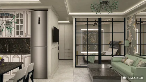 modern kitchen with integrated appliances showcasing sleek design and open plan layout, featuring smart furniture arrangement for efficient space utilization, utilizing Homestyler's real-time 3D rendering.