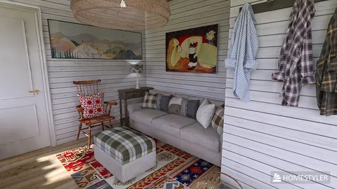 cozy living room with a sofa and decorative pillows, showcasing bohemian style and modern design elements, featuring Homestyler's real-time 3D rendering for quick design previews.