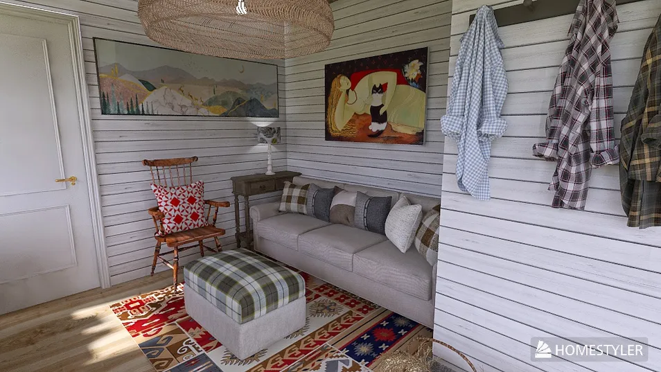 cozy living room with a sofa and decorative pillows, showcasing bohemian style and modern design elements, featuring Homestyler's real-time 3D rendering for quick design previews.