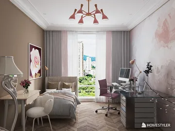 modern bedroom layout featuring a stylish workspace with a computer and chair, showcasing a contemporary design with a blend of warm and cool tones, emphasizing comfort and productivity, utilizing Homestyler's real-time 3D rendering to visualize space.