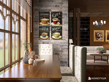 wooden dining table with upholstered chairs featuring coffee-themed wall art in a cozy rustic style, showcasing interior decor optimization with Homestyler's real-time 3D rendering.