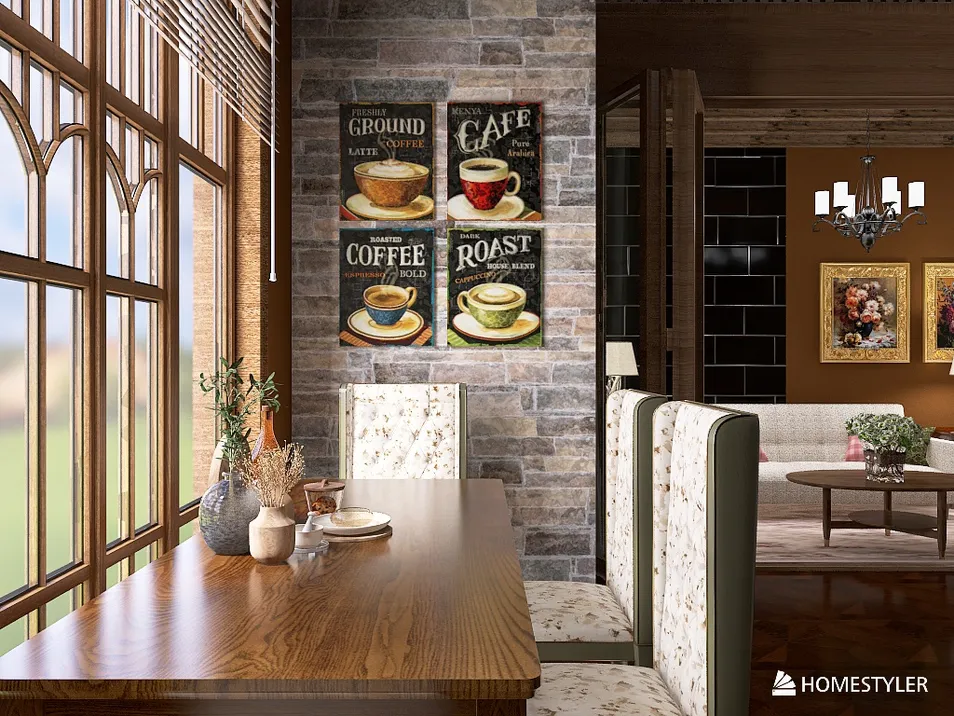wooden dining table with upholstered chairs featuring coffee-themed wall art in a cozy rustic style, showcasing interior decor optimization with Homestyler's real-time 3D rendering.