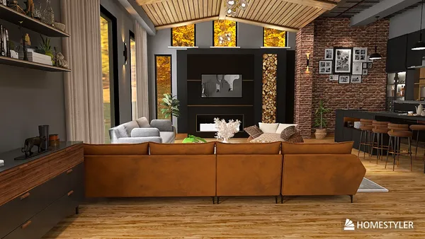 a cozy living room featuring a modern sofa arrangement with a leather couch and decorative elements, showcasing a contemporary design style, highlighting the value of interior decor with Homestyler's real-time 3D rendering feature