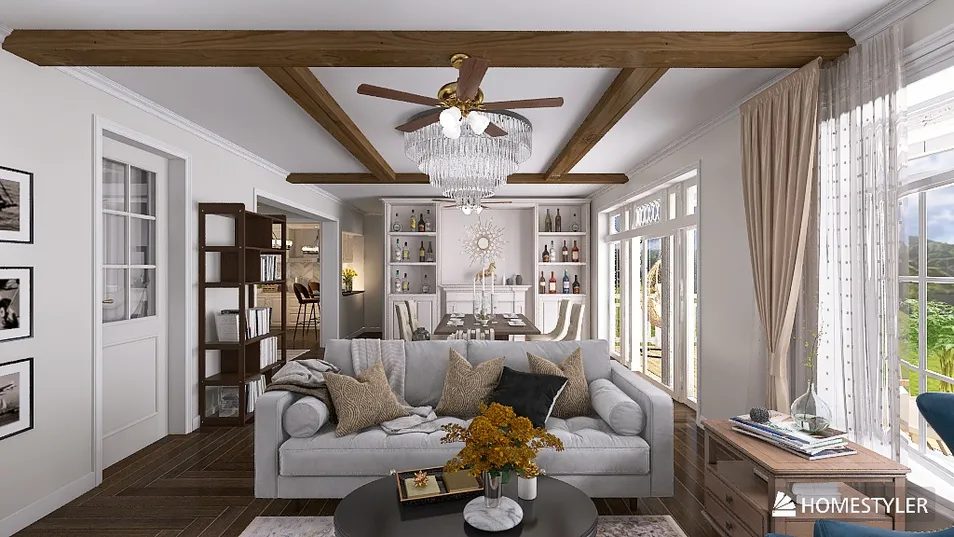 cozy living room with elegant chandelier and wooden beams featuring sophisticated decor style, showcasing interior design using Homestyler's real-time 3D rendering feature.