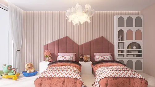 children's bedroom with two beds arranged in a playful layout in a modern style, showcasing interior decor ideas with Homestyler's real-time 3D rendering feature.