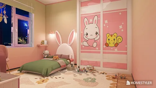 A playful children's bedroom featuring a cute design with animal-themed decorations, showcasing cozy bedding and a vibrant color scheme, ideal for creative interior decor. This image demonstrates Homestyler's real-time 3D rendering capability.