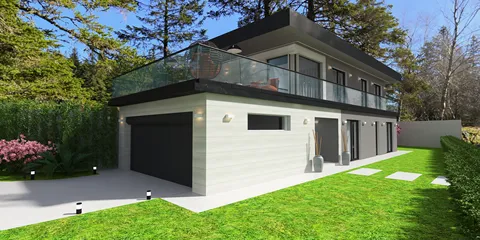 modern villa exterior design showcasing garden landscaping with patio seating in contemporary style, featuring Homestyler's real-time 3D rendering capabilities