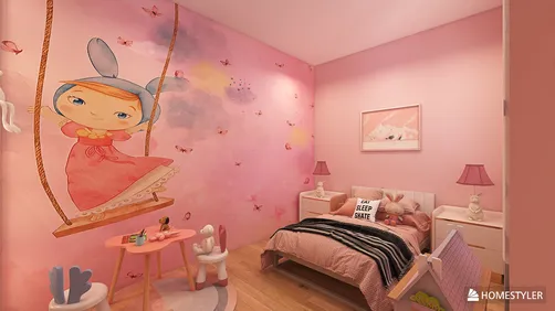 Children's bedroom featuring a playful mural with a girl swinging, designed in a cute and whimsical style, showcasing vibrant pink tones and cozy furniture suitable for a child's room, utilizing Homestyler's real-time 3D rendering for effective design visualization.