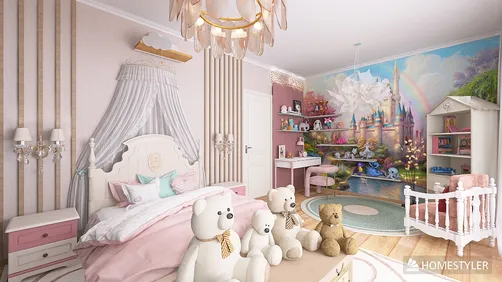 cozy bedroom with pastel decor featuring plush teddy bears, designed using Homestyler's real-time 3D rendering for optimal visualization and style application.