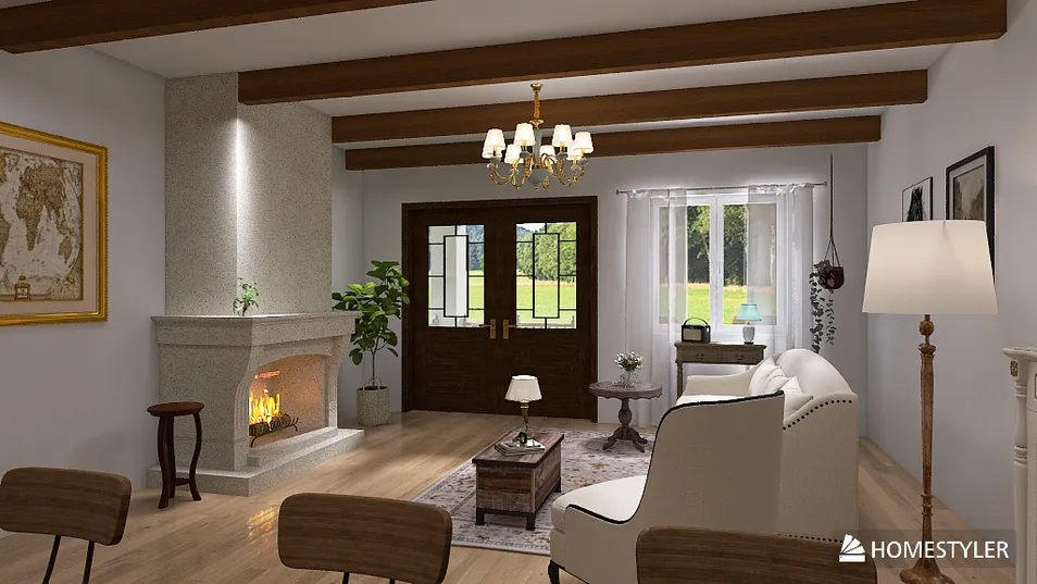 Living room with a cozy fireplace designed using Homestyler, featuring classic furnishings and warm lighting, showcasing a modern rustic style for comfortable home ambiance.