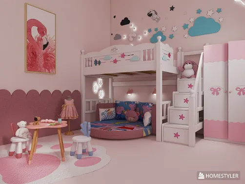 children's bedroom featuring a playful bunk bed design with pink accents, designed for maximizing space utilization in a cozy environment; utilizes Homestyler's real-time 3D rendering for design visualization.